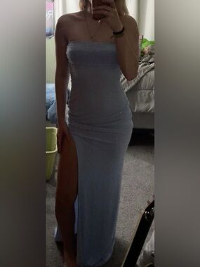 Windsor Light Blue Strapless High-Slit High-Low Gown
